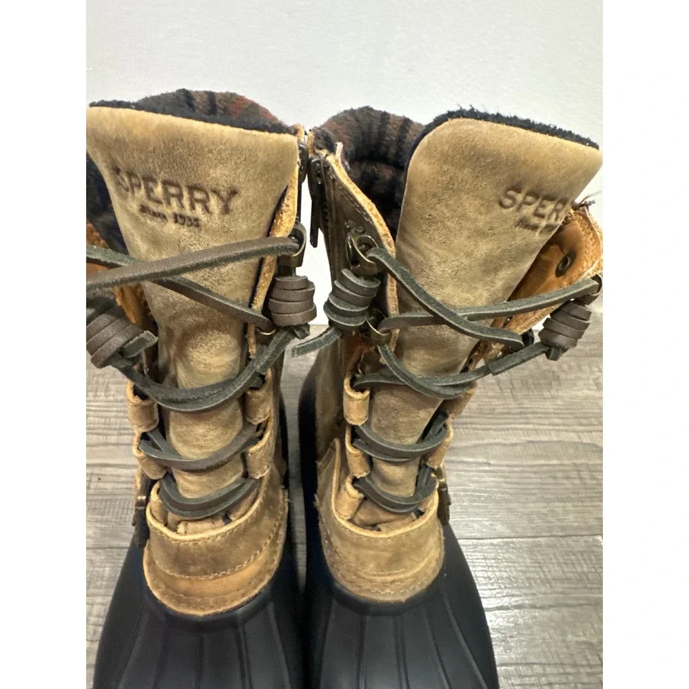 Sperry Saltwater Waterproof Duck Boots Brown Black Plaid STS95911 Womens 6.5M